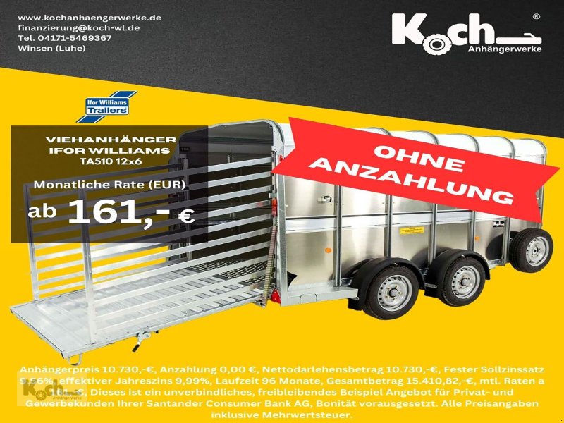 Anhänger typu Sonstige Ifor Williams ViehanhÃ¤nger  TA510 12x6 178x372cm HÃ¶he:183 3,5t (Vi11650588Iw), Neumaschine w Winsen (Luhe) (Zdjęcie 1)