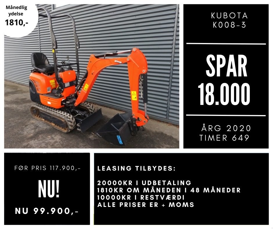 Bagger del tipo Kubota K 008-3, Gebrauchtmaschine en Fårevejle (Imagen 1)