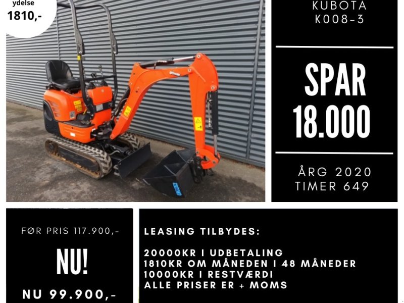 Bagger des Typs Kubota K 008-3, Gebrauchtmaschine in Fårevejle (Bild 1)