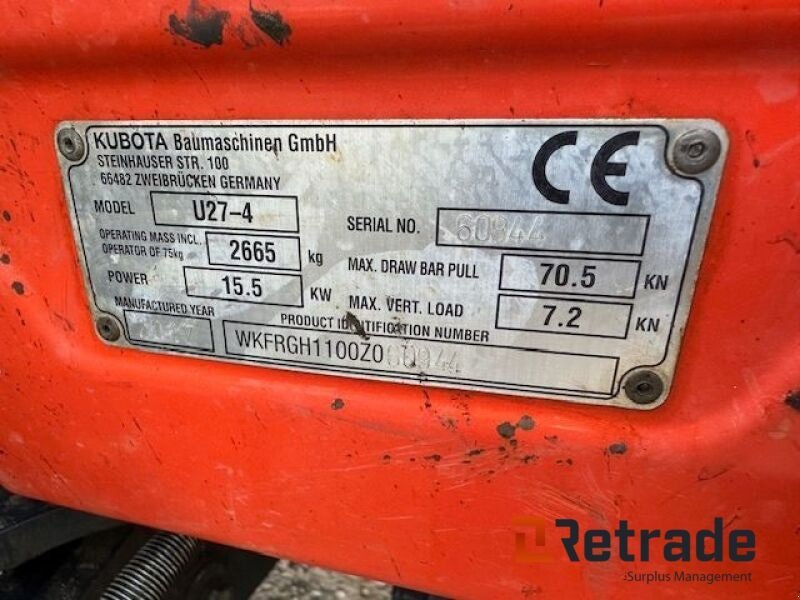 Bagger Türe ait Kubota U 27-4, Gebrauchtmaschine içinde Rødovre (resim 3)