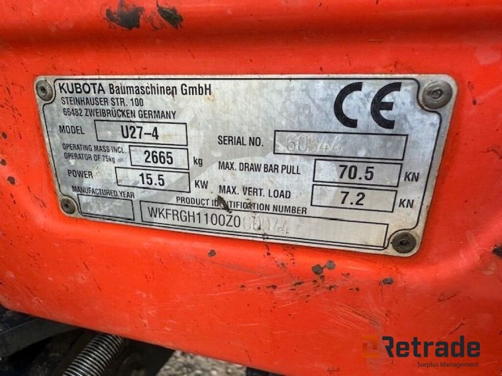 Bagger Türe ait Kubota U27-4, Gebrauchtmaschine içinde Rødovre (resim 3)