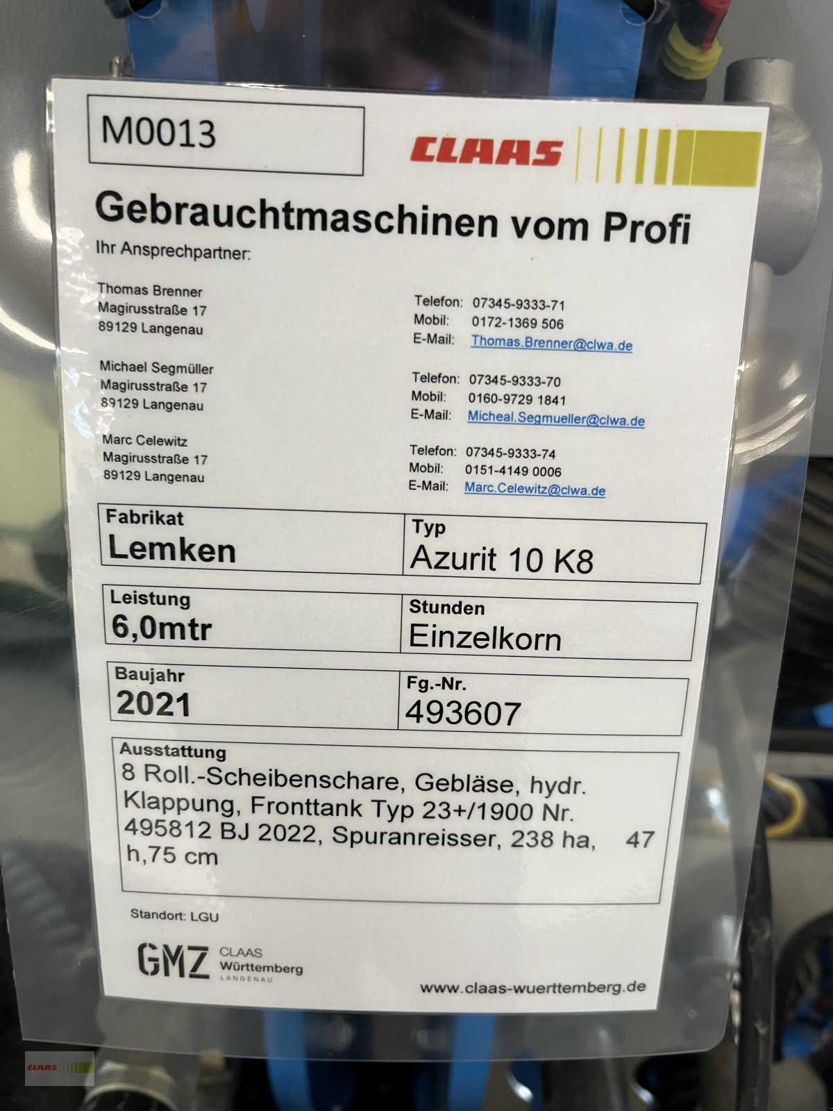 Einzelkornsägerät Türe ait Lemken Azurit 10 K 8, Gebrauchtmaschine içinde Langenau (resim 12)