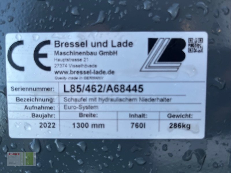 Frontladerzubehör (Bagger) typu Bressel & Lade L85 Schaufel mit hydr. Niederhalter 1,30m, Neumaschine v Risum-Lindholm (Obrázok 5)