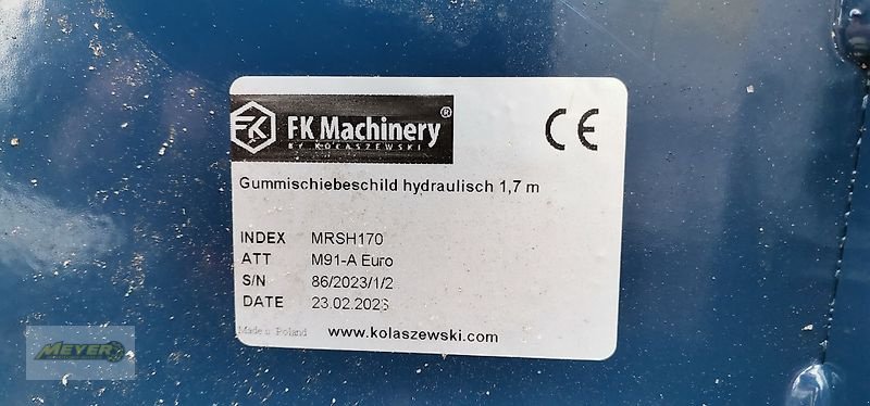 Frontladerzubehör типа FK Machinery Gummischiebeschild hydraulisch 1,7 m, Neumaschine в Andervenne (Фотография 10)