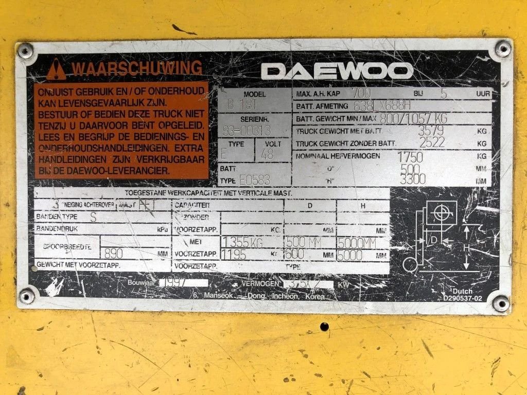 Frontstapler Türe ait Daewoo B18T 1.8 ton Elektra Sideshift Heftruck, Gebrauchtmaschine içinde VEEN (resim 4)