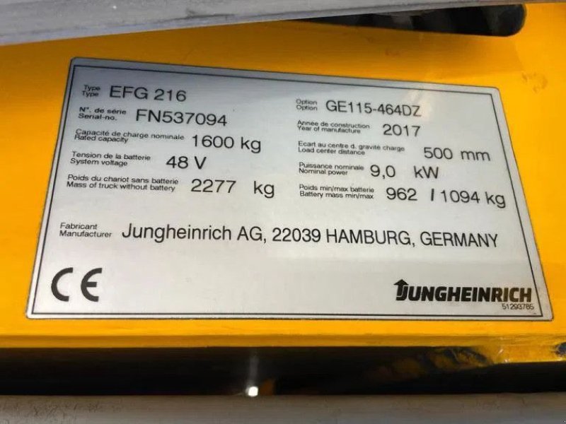 Frontstapler от тип Jungheinrich EFG 216 Elektra 1.6 ton Triplex Freelift Sideshift Elektra Heftr, Gebrauchtmaschine в VEEN (Снимка 8)