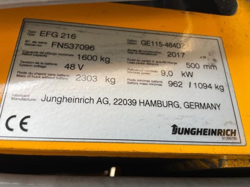 Frontstapler от тип Jungheinrich EFG 216 Elektra 1.6 ton Triplex Freelift Sideshift Elektra Heftr, Gebrauchtmaschine в VEEN (Снимка 11)