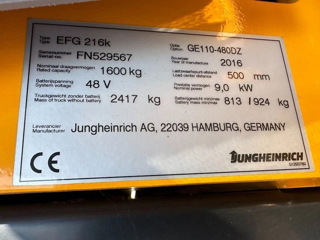 Frontstapler tip Jungheinrich EFG 216K 1.6 ton Triplex Freelift Sideshift Elektra Heftruck Acc, Gebrauchtmaschine in VEEN (Poză 4)