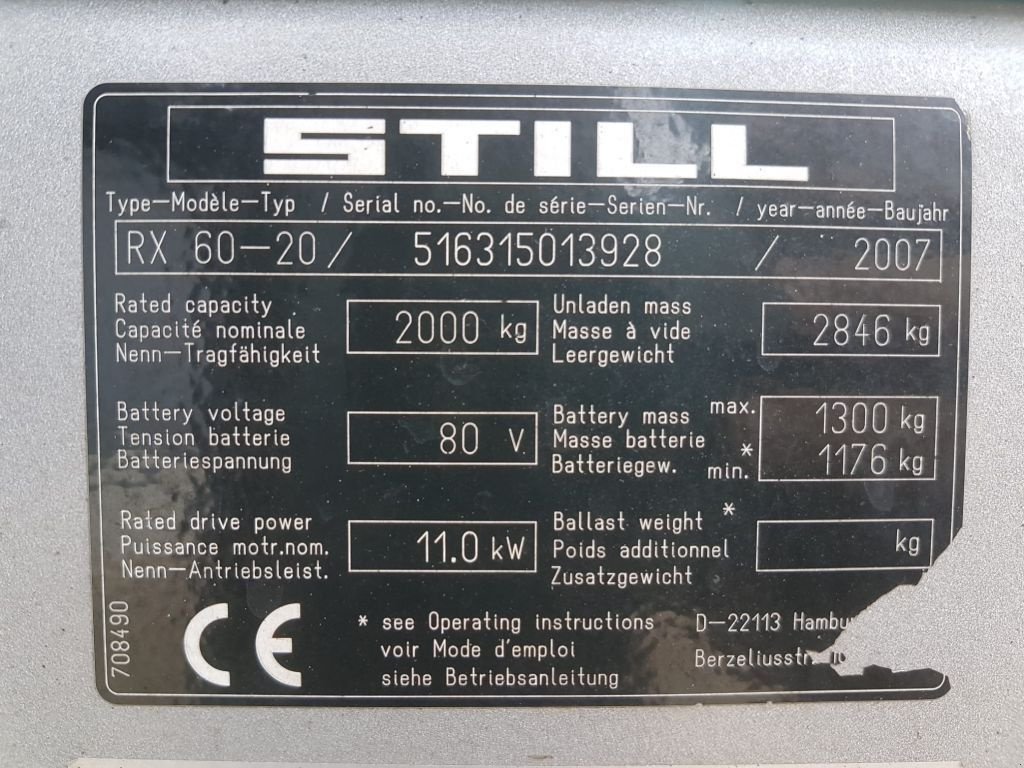 Frontstapler del tipo Still RX60-20 2 ton Triplex Freelift Sideshift Elektra Heftruck, Gebrauchtmaschine en VEEN (Imagen 4)