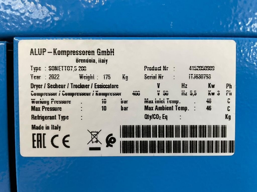 Kompressor del tipo Alup Sonetto 7.5 + 200 Elektrische Schroefcompressor 5.5 kw 780 L / m, Neumaschine In VEEN (Immagine 3)