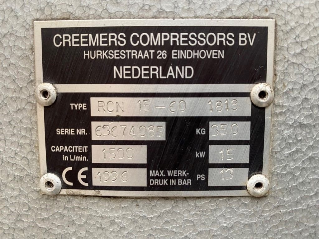 Kompressor typu Creemers RCN 15-60 15 kW 1500 L / min 13 Bar Elektrische Schroefcompresso, Gebrauchtmaschine v VEEN (Obrázek 3)