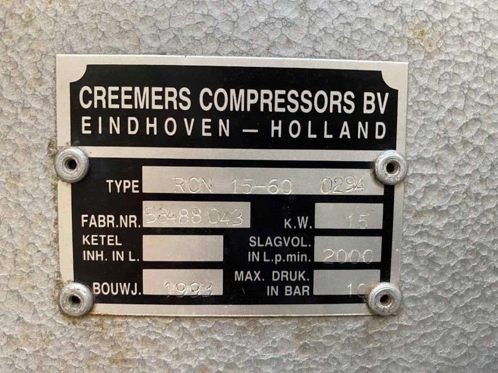 Kompressor Türe ait Creemers RCN 15-60 15 kW 2000 L / min 10 Bar Elektrische Schroefcompresso, Gebrauchtmaschine içinde VEEN (resim 4)