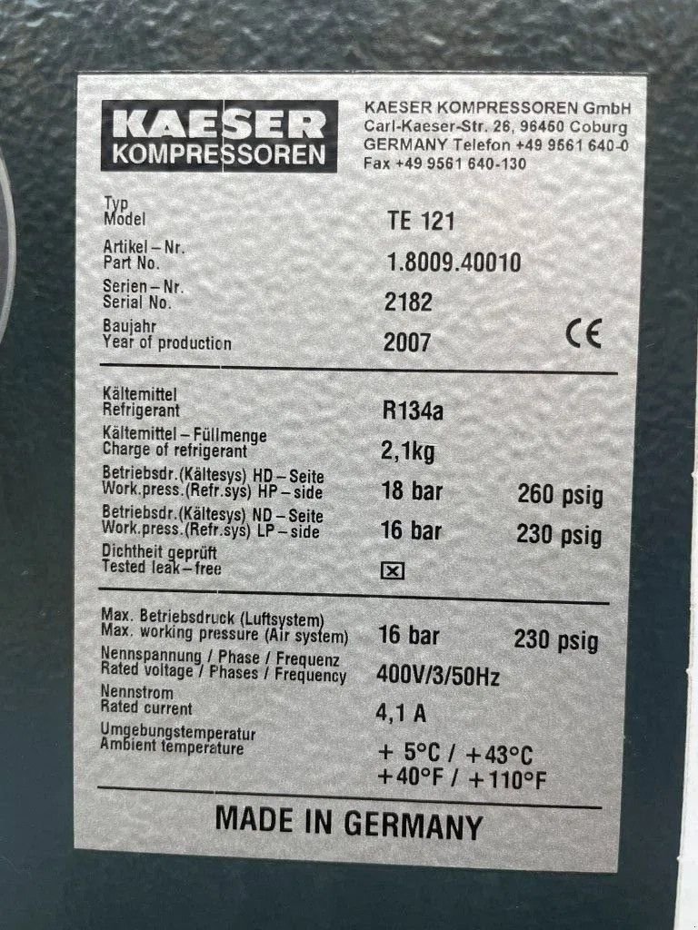 Kompressor Türe ait Kaeser TE 121 luchtdroger 12.700 L/min. 16 Bar, Gebrauchtmaschine içinde VEEN (resim 6)