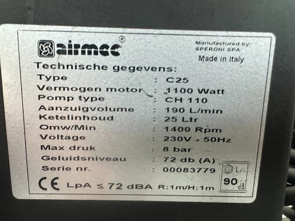 Kompressor van het type Sonstige Airmec C25 Oliegesmeerde Zuigercompressor 1.65 PK 190 L / min 8, Neumaschine in VEEN (Foto 3)