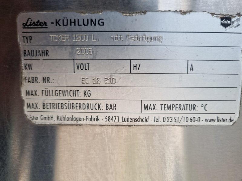 Milchkühltank del tipo Lister TDKER 1200 l, Gebrauchtmaschine en Eglfing  (Imagen 1)