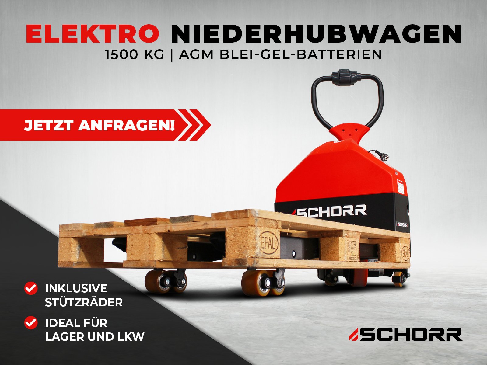 Niederhubwagen typu Schorr Elektro Niederhubwagen 1500KG AGM-Batterien Elektrohubwagen Hubwagen Lieferung, Neumaschine v Schüttorf (Obrázok 1)