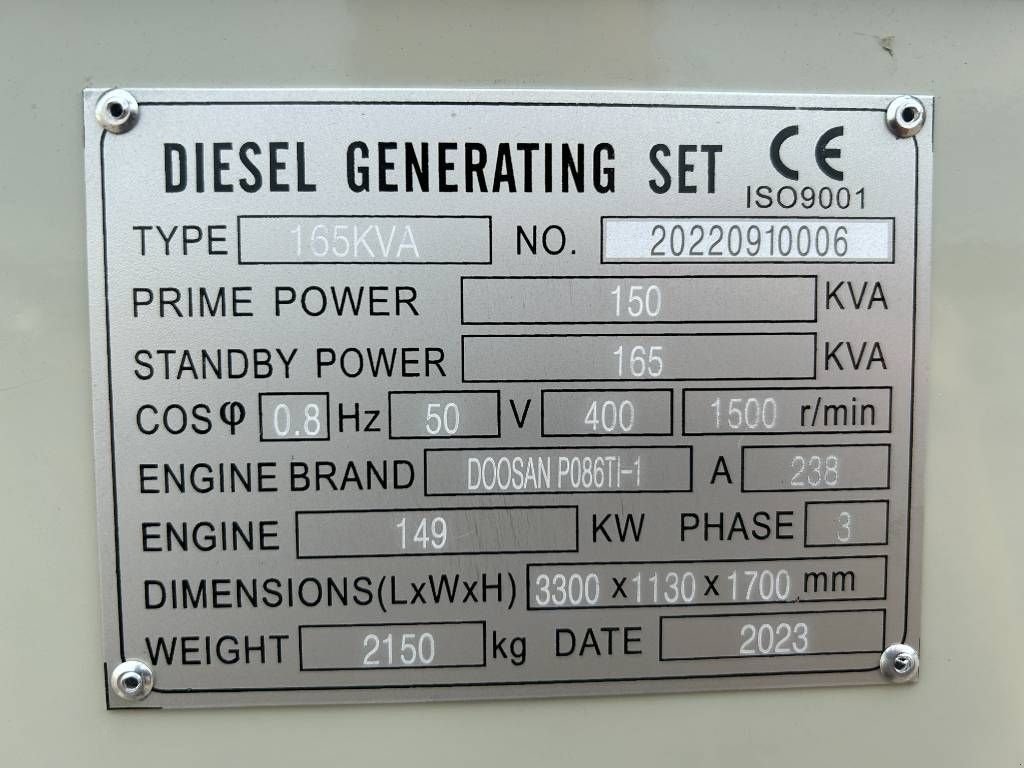 Notstromaggregat Türe ait Doosan P086TI-1 - 165 kVA Generator - DPX-19851, Neumaschine içinde Oudenbosch (resim 4)