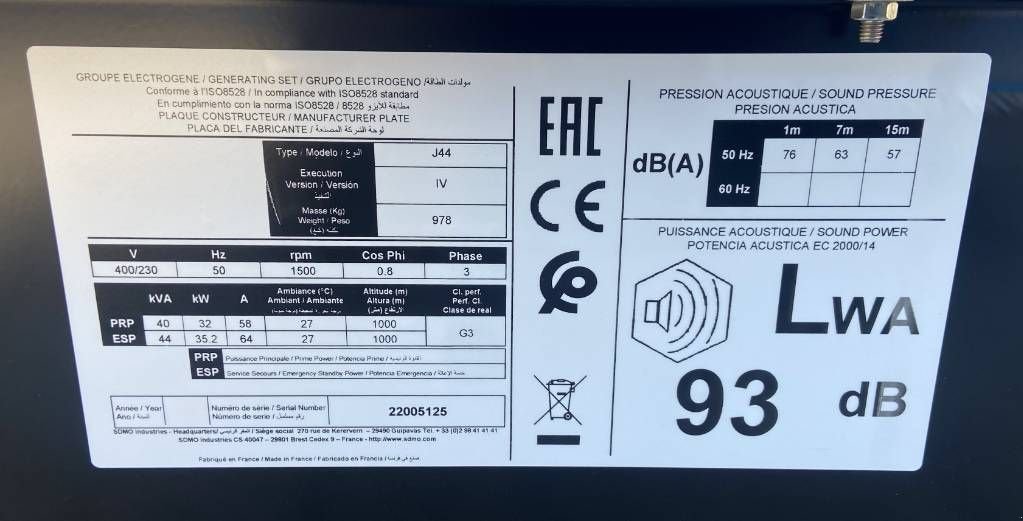 Notstromaggregat del tipo SDMO J44K - 44 kVA Generator - DPX-17102, Neumaschine en Oudenbosch (Imagen 4)