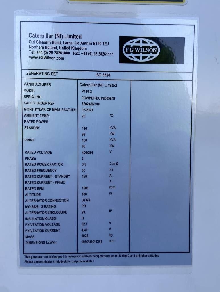 Notstromaggregat Türe ait Sonstige FG Wilson P110-3 - 110 kVA Open Genset - DPX-16008-O, Neumaschine içinde Oudenbosch (resim 4)