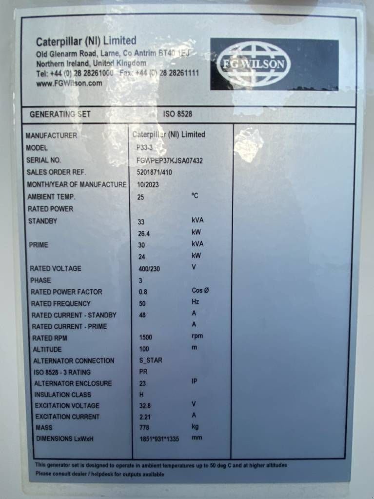 Notstromaggregat Türe ait Sonstige FG Wilson P33-3 - Perkins - 33 kVA Genset - DPX-16003, Neumaschine içinde Oudenbosch (resim 5)