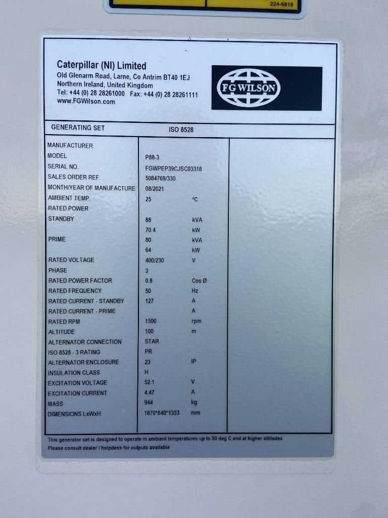 Notstromaggregat a típus Sonstige FG Wilson P88-3 - 88 kVA Open Genset - DPX-16007-O, Neumaschine ekkor: Oudenbosch (Kép 5)