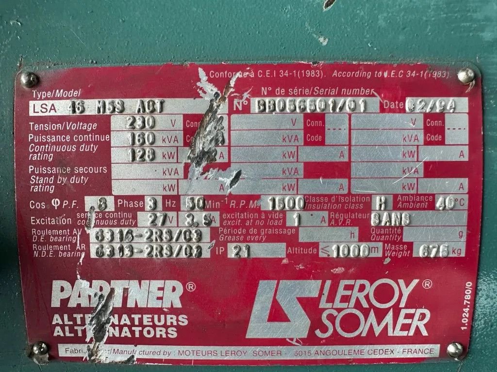 Notstromaggregat Türe ait Sonstige Leroy Somer LSA 46 M5S ACT 160 kVA generatordeel Alternator As New ! 03 hour, Gebrauchtmaschine içinde VEEN (resim 3)