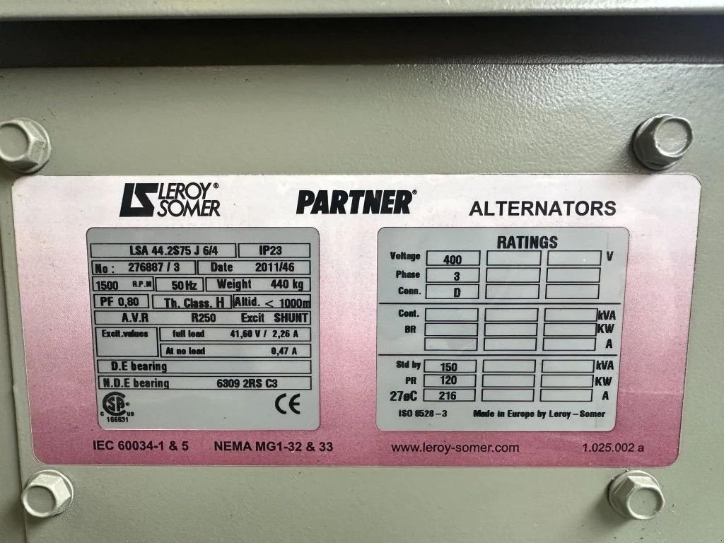 Notstromaggregat del tipo Sonstige Leroy Somer LSLA 44.2S75 J 6/4 Alternator 150 kVA Generatordeel Overstock Ne, Neumaschine en VEEN (Imagen 3)