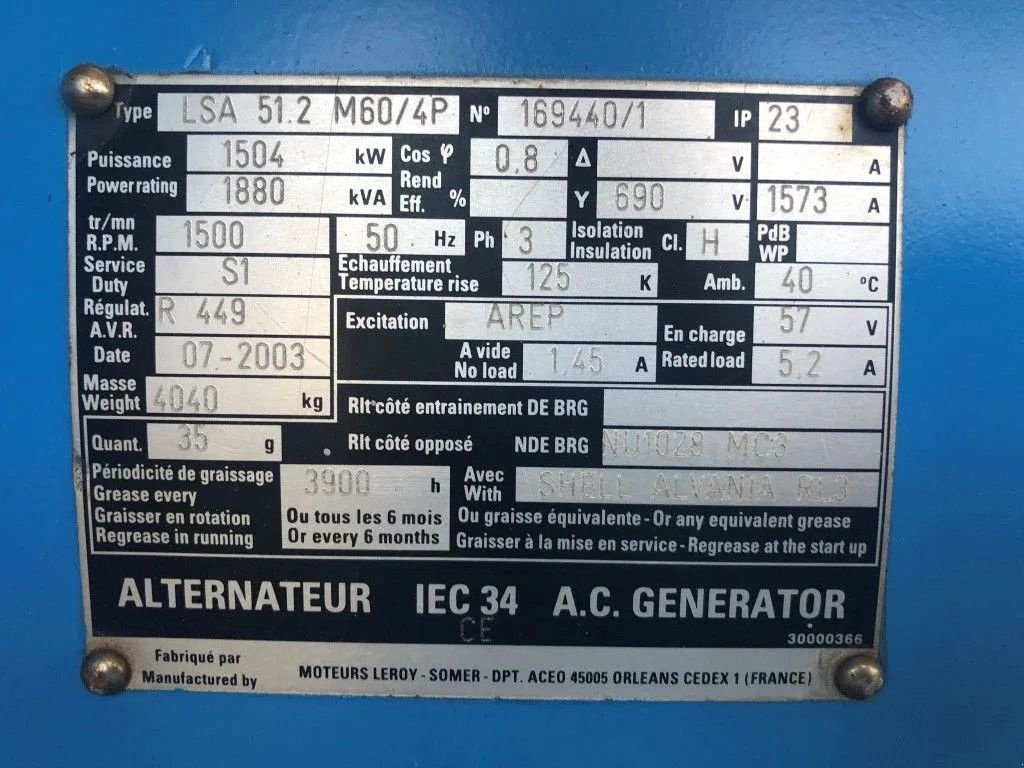 Notstromaggregat Türe ait Sonstige Leroy Somer SDMO 1880 kVA generatordeel SDMO 1880 kVA generatordeel op frame, Gebrauchtmaschine içinde VEEN (resim 4)