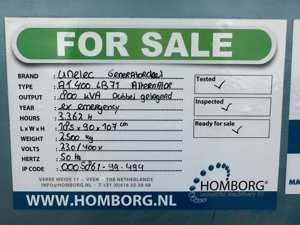 Notstromaggregat του τύπου Sonstige UNELEC 800 kVA generatordeel Alternator Unelec Ex Emergency Dubb, Gebrauchtmaschine σε VEEN (Φωτογραφία 11)