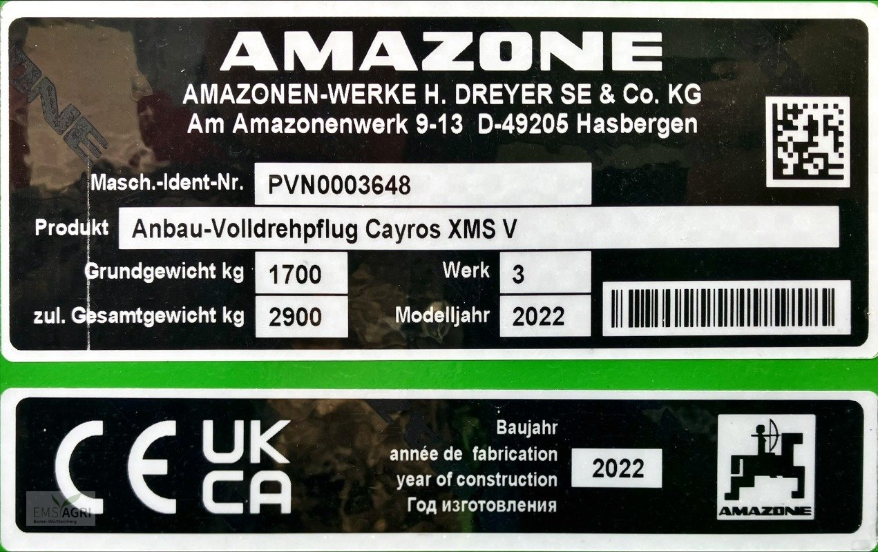 Pflug του τύπου Amazone CAYROS XMS 5-950 VS, Neumaschine σε Vöhringen (Φωτογραφία 2)