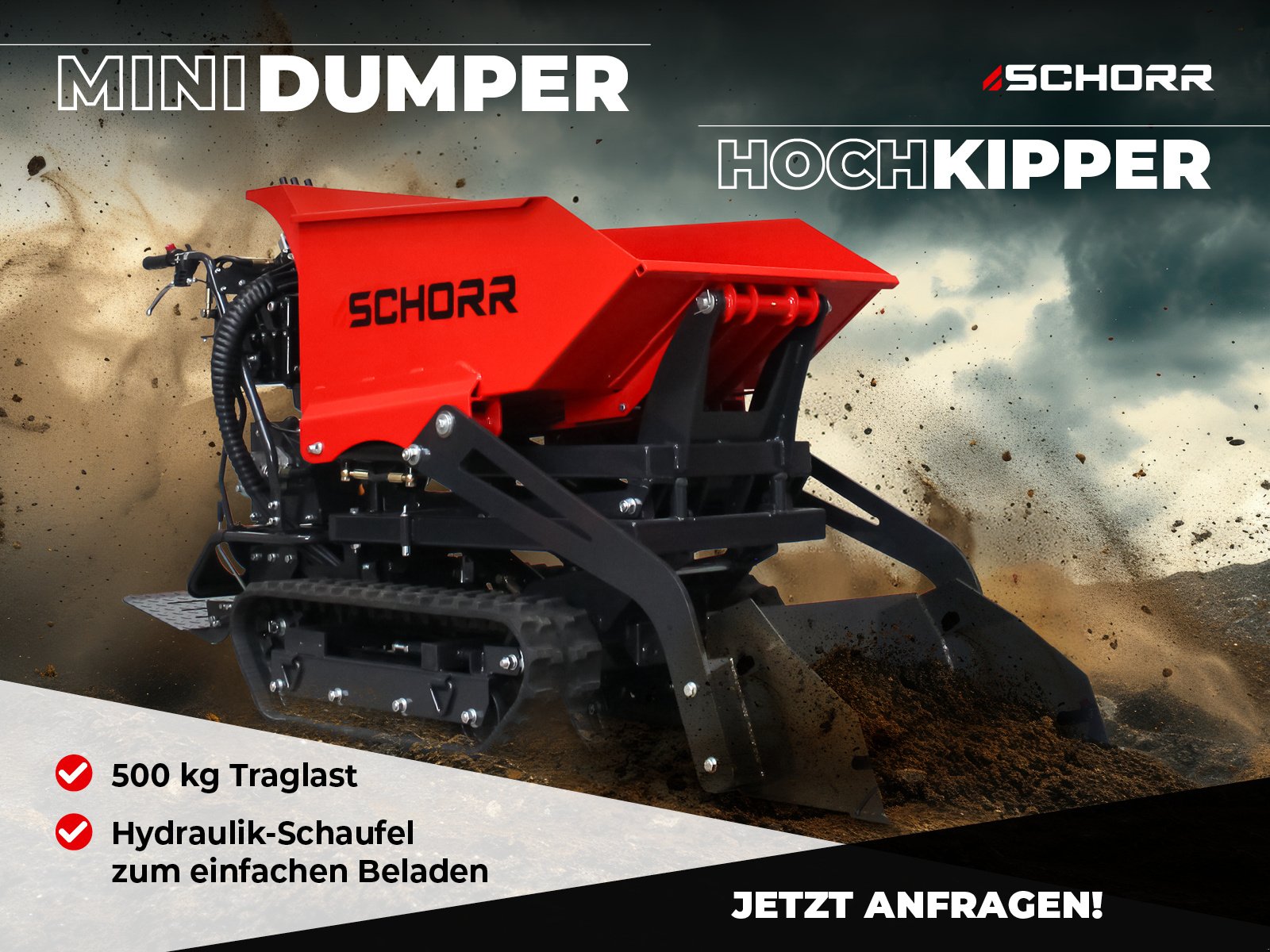 Raupendumper Türe ait Schorr Minidumper RR500DHKASH PRO [Selbstlader+Hochkipper] 500kg Raupendumper Mulde Hochkipper Schaufeldumper, Neumaschine içinde Schüttorf (resim 1)