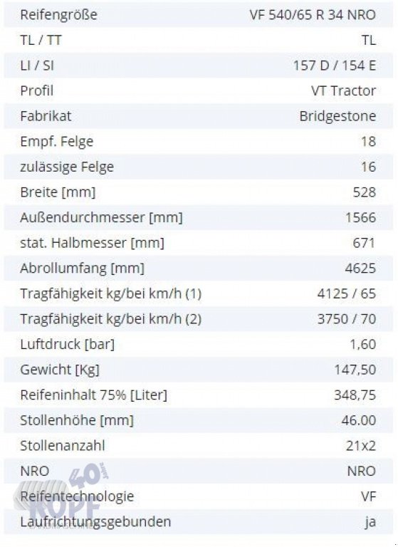 Reifen a típus Bridgestone VF 540/65 R34 NRO 157D / 154 E, TL, VT 70 km/H NEU, Neumaschine ekkor: Schutterzell (Kép 2)