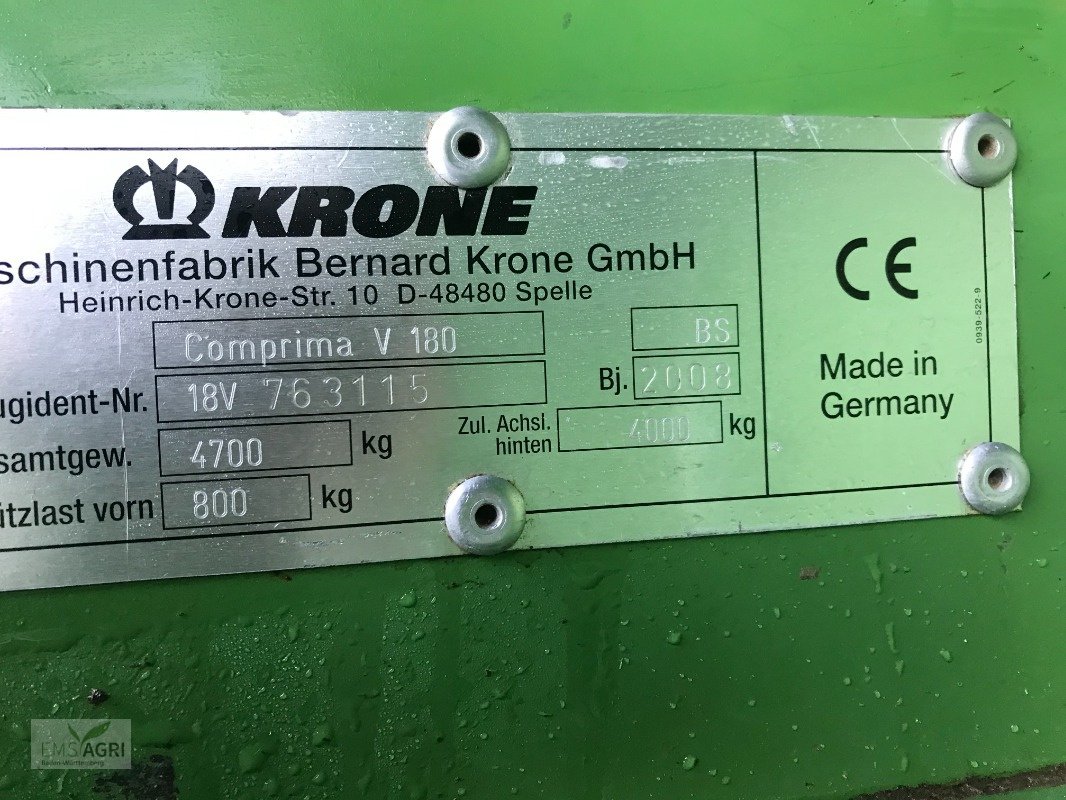 Rundballenpresse tip Krone Comprima V 180 XC, Gebrauchtmaschine in Vöhringen (Poză 3)