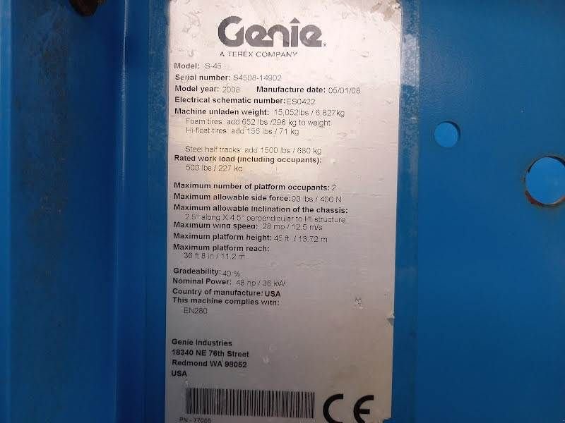 Teleskoparbeitsbühne Türe ait Genie S-45, Gebrauchtmaschine içinde Waregem (resim 9)