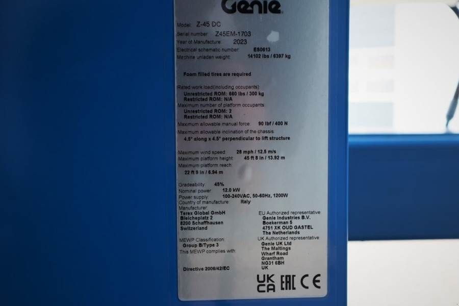 Teleskoparbeitsbühne typu Genie Z45-DC Valid inspection, *Guarantee, Fully Electri, Gebrauchtmaschine v Groenlo (Obrázek 7)