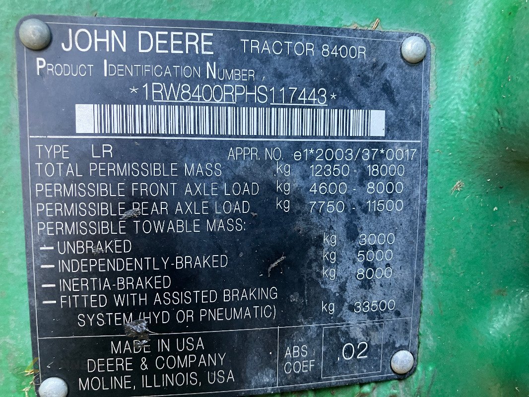 Traktor typu John Deere 8400R, Gebrauchtmaschine w Sonnewalde (Zdjęcie 7)